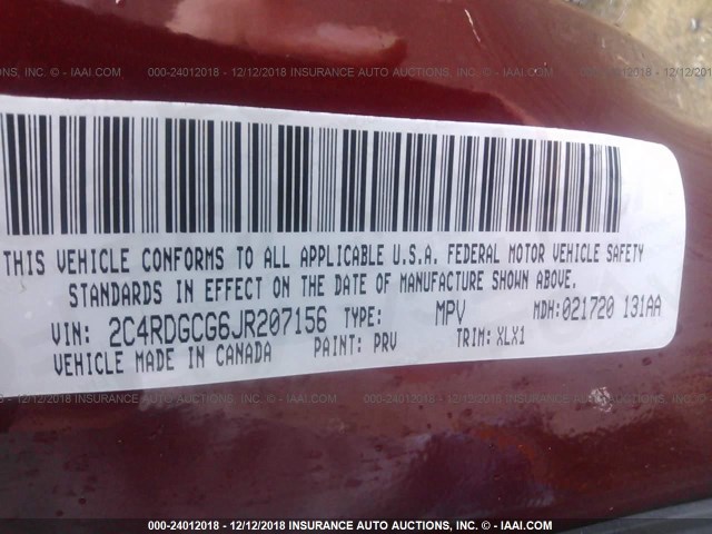 2C4RDGCG6JR207156 - 2018 DODGE GRAND CARAVAN SXT MAROON photo 9