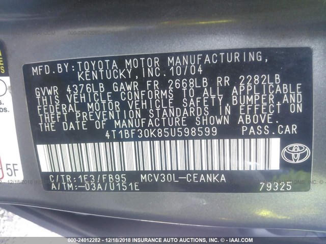 4T1BF30K85U598599 - 2005 TOYOTA CAMRY LE/XLE/SE GRAY photo 9