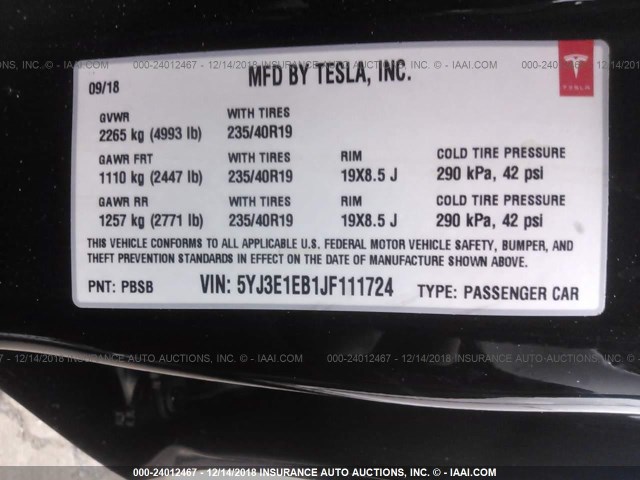 5YJ3E1EB1JF111724 - 2018 TESLA MODEL 3 BLACK photo 9