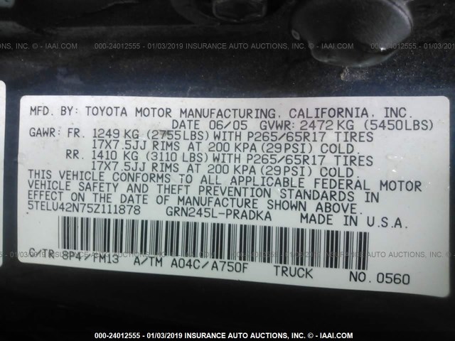 5TELU42N75Z111878 - 2005 TOYOTA TACOMA DOUBLE CAB 蓝色 照片 9