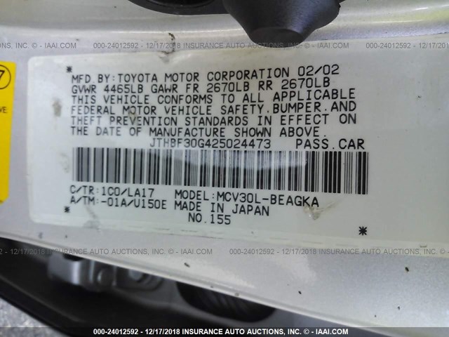 JTHBF30G425024473 - 2002 LEXUS ES 300 SILVER photo 9