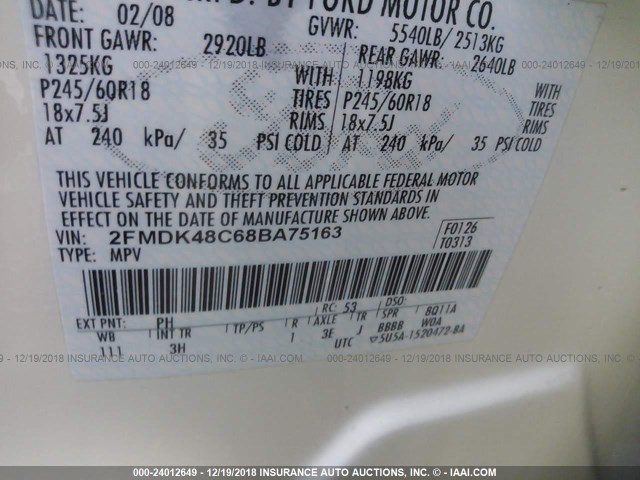 2FMDK48C68BA75163 - 2008 FORD EDGE SEL CREAM photo 9