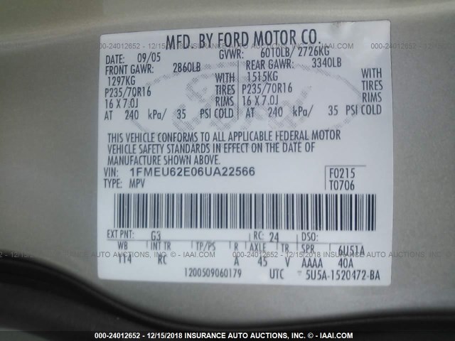 1FMEU62E06UA22566 - 2006 FORD EXPLORER XLS GOLD photo 9