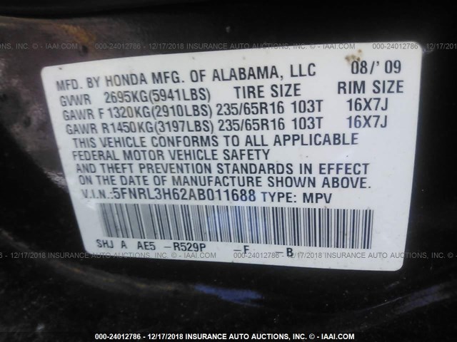 5FNRL3H62AB011688 - 2010 HONDA ODYSSEY EXL MAROON photo 9