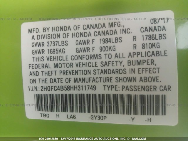 2HGFC4B58HH311749 - 2017 HONDA CIVIC LX GREEN photo 9