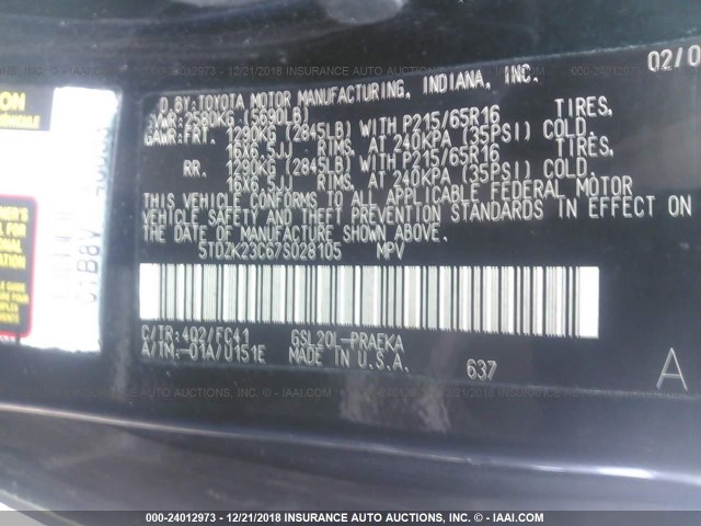 5TDZK23C67S028105 - 2007 TOYOTA SIENNA CE/LE BLACK photo 9