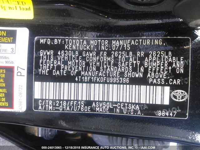 4T1BF1FK0FU995396 - 2015 TOYOTA CAMRY LE/XLE/SE/XSE BLACK photo 9