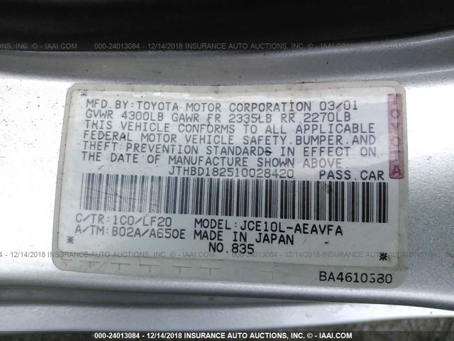 JTHBD182510028420 - 2001 LEXUS IS 300 SILVER photo 9