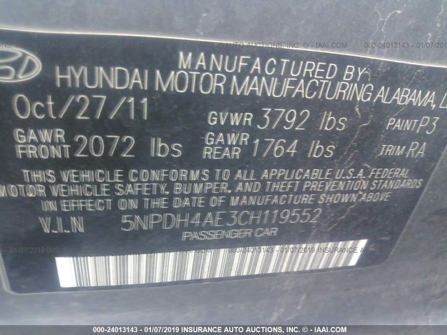 5NPDH4AE3CH119552 - 2012 HYUNDAI ELANTRA GLS/LIMITED GRAY photo 9