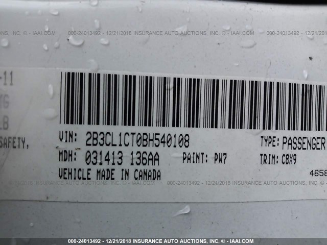 2B3CL1CT0BH540108 - 2011 DODGE CHARGER POLICE WHITE photo 9