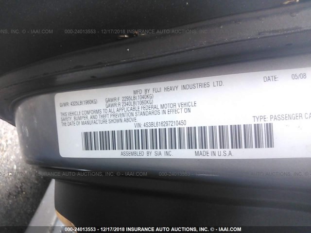 4S3BL616297210450 - 2009 SUBARU LEGACY 2.5I SILVER photo 9