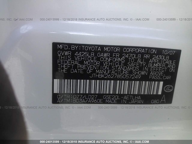 JTHBK262785057249 - 2008 LEXUS IS 250 WHITE photo 9