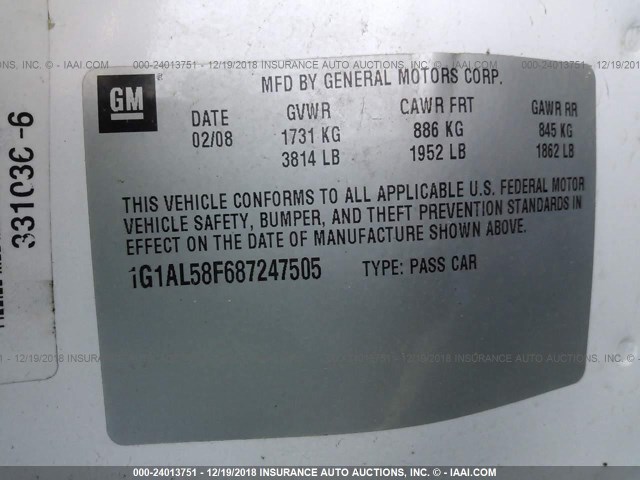 1G1AL58F687247505 - 2008 CHEVROLET COBALT LT WHITE photo 9