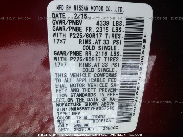 JN8AS5MT7FW657548 - 2015 NISSAN ROGUE SELECT S RED photo 9