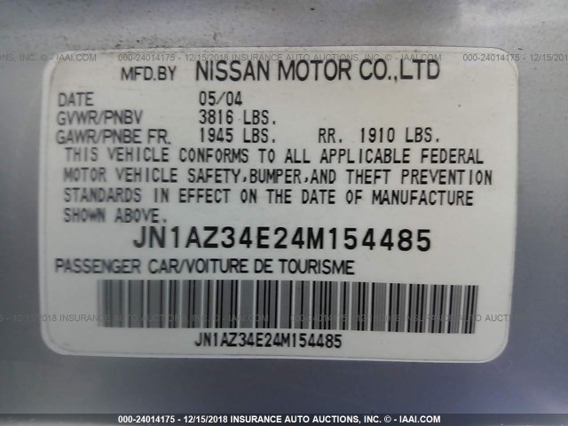 JN1AZ34E24M154485 - 2004 NISSAN 350Z COUPE SILVER photo 9