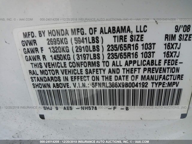 5FNRL386X9B004192 - 2009 HONDA ODYSSEY EXL WHITE photo 9