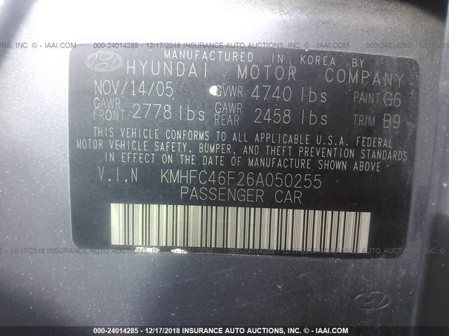 KMHFC46F26A050255 - 2006 HYUNDAI AZERA SE/LIMITED SILVER photo 9