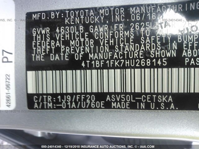 4T1BF1FK7HU268145 - 2017 TOYOTA CAMRY LE/XLE/SE/XSE SILVER photo 9