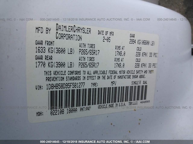 1D8HB58D95F581277 - 2005 DODGE DURANGO LIMITED WHITE photo 9