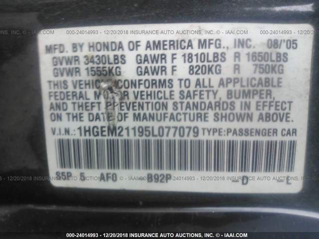 1HGEM21195L077079 - 2005 HONDA CIVIC DX VP BLACK photo 9