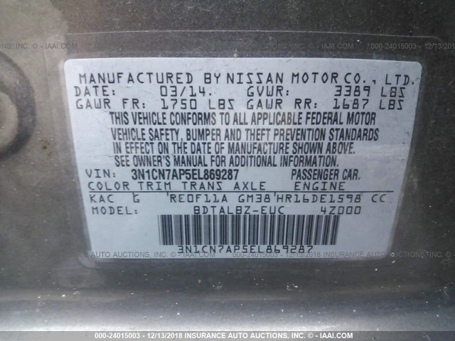 3N1CN7AP5EL869287 - 2014 NISSAN VERSA S/S PLUS/SV/SL BROWN photo 9