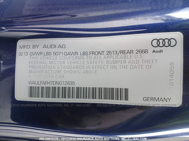 WAULFAFH7DN012635 - 2013 AUDI A5 PREMIUM PLUS Dark Blue photo 9