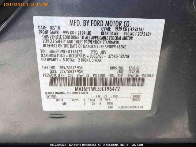 MAJ6P1WL5JC196472 - 2018 FORD ECOSPORT TITANIUM GRAY photo 17