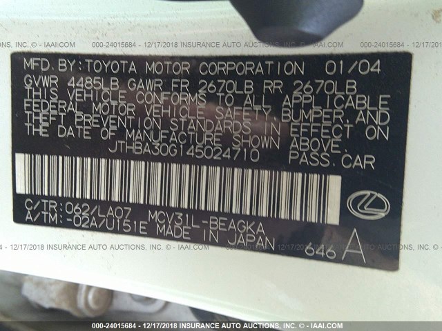 JTHBA30G145024710 - 2004 LEXUS ES 330 WHITE photo 9