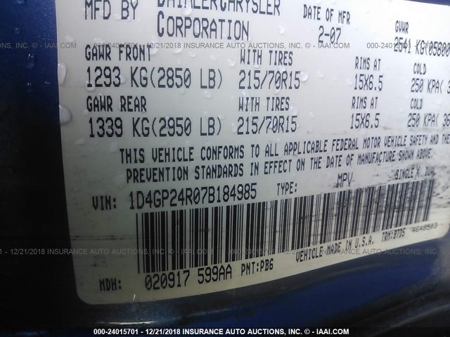 1D4GP24R07B184985 - 2007 DODGE GRAND CARAVAN SE BLUE photo 9