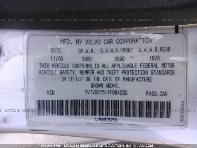 YV1VS27514F084050 - 2004 VOLVO S40 1.9T SILVER photo 9