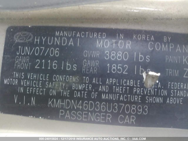 KMHDN46D36U370893 - 2006 HYUNDAI ELANTRA GOLD photo 9