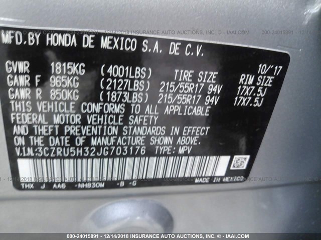 3CZRU5H32JG703176 - 2018 HONDA HR-V LX SILVER photo 9