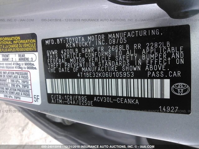 4T1BE32K06U105953 - 2006 TOYOTA CAMRY LE/XLE/SE SILVER photo 9