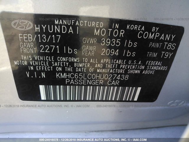 KMHC65LC0HU027438 - 2017 HYUNDAI IONIQ BLUE SILVER photo 9