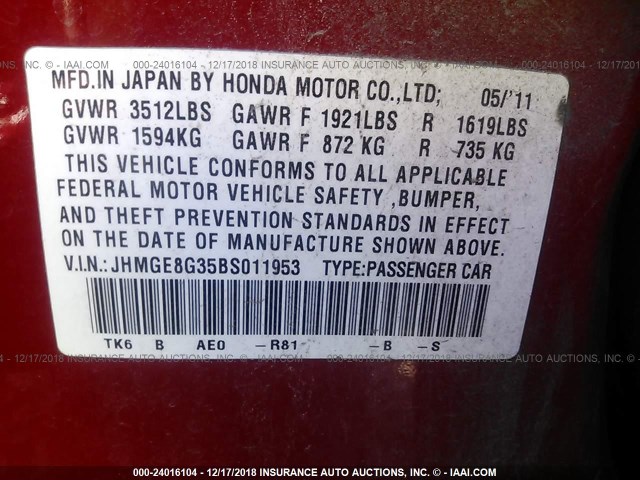 JHMGE8G35BS011953 - 2011 HONDA FIT RED photo 9