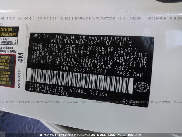 4T4BF3EK2BR154709 - 2011 TOYOTA CAMRY SE/LE/XLE 白色 照片 9