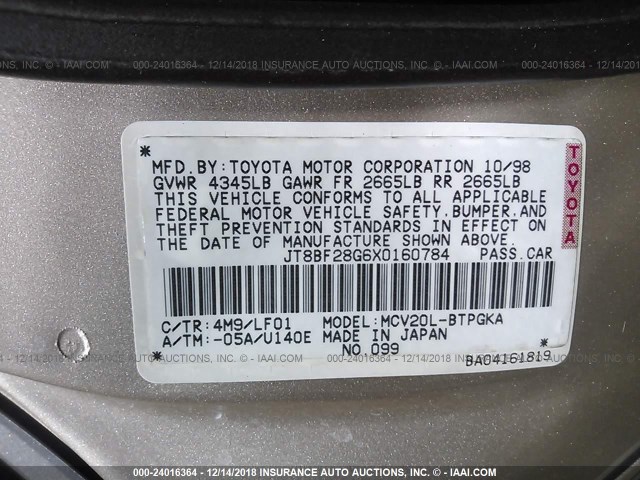 JT8BF28G6X0160784 - 1999 LEXUS ES 300 GOLD photo 9