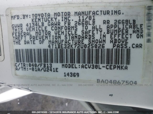 4T1BE32K72U025026 - 2002 TOYOTA CAMRY LE/XLE/SE WHITE photo 9