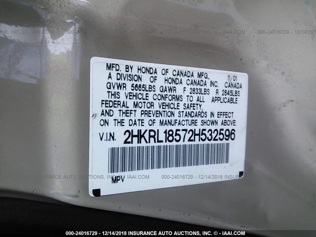 2HKRL18572H532596 - 2002 HONDA ODYSSEY LX GOLD photo 9