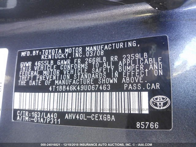 4T1BB46K49U067463 - 2009 TOYOTA CAMRY HYBRID GRAY photo 9