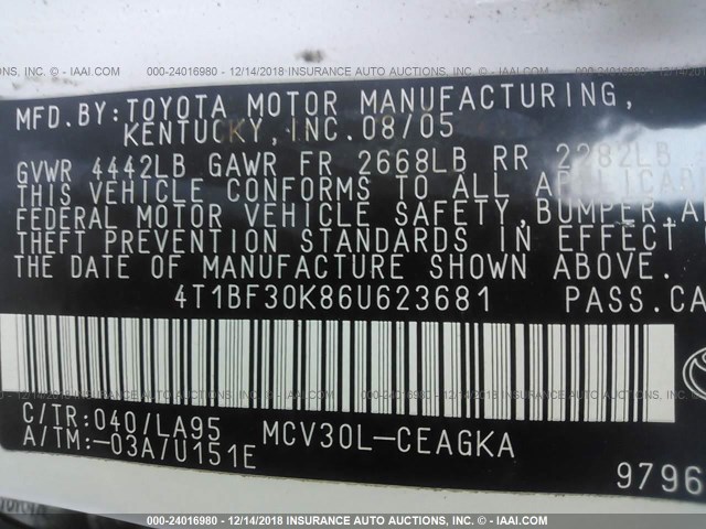 4T1BF30K86U623681 - 2006 TOYOTA CAMRY LE/XLE/SE WHITE photo 9