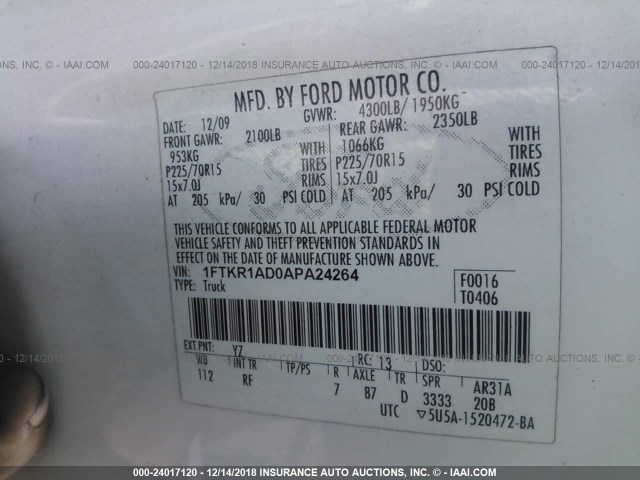 1FTKR1AD0APA24264 - 2010 FORD RANGER WHITE photo 9