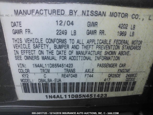 1N4AL11D85N451423 - 2005 NISSAN ALTIMA S/SL TAN photo 9