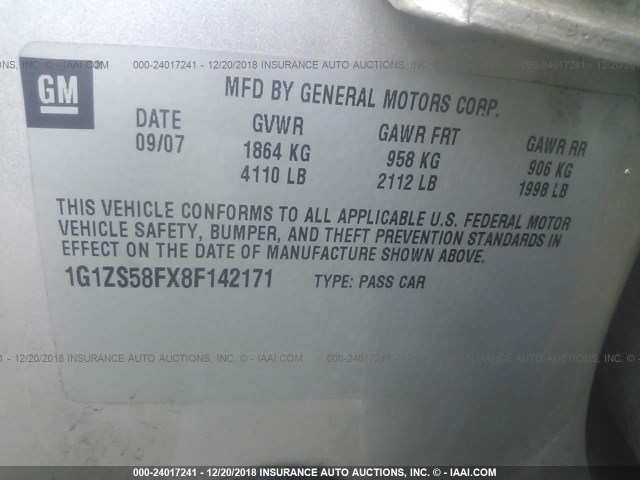 1G1ZS58FX8F142171 - 2008 CHEVROLET MALIBU LS 银色 照片 9