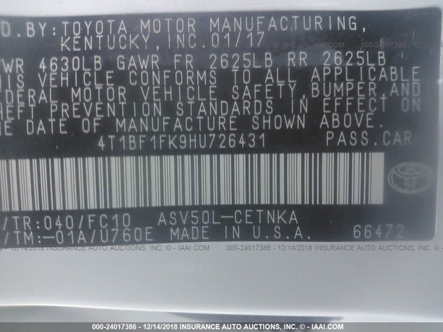 4T1BF1FK9HU726431 - 2017 TOYOTA CAMRY LE/XLE/SE/XSE თეთრი ფოტო 9