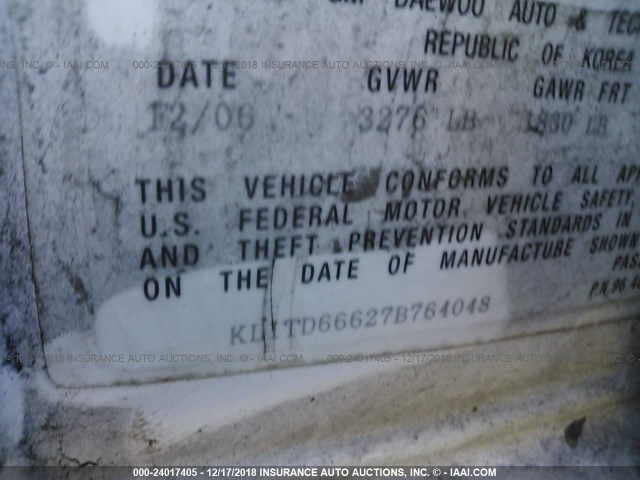 KL1TD66627B764048 - 2007 CHEVROLET AVEO LS WHITE photo 9