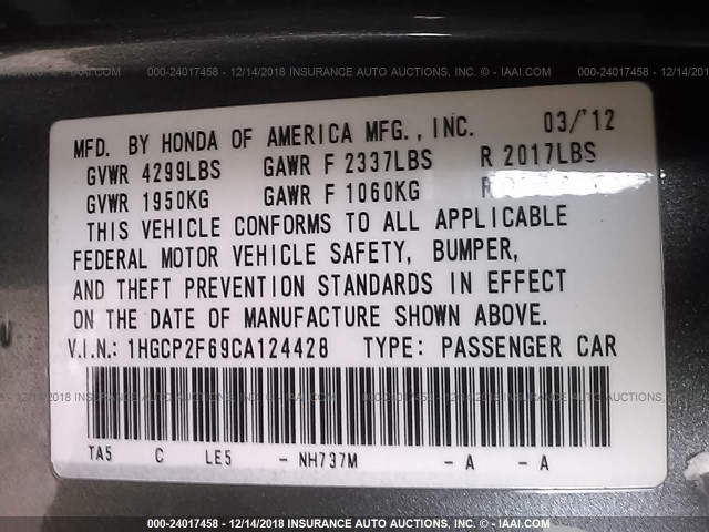 1HGCP2F69CA124428 - 2012 HONDA ACCORD SE GRAY photo 9