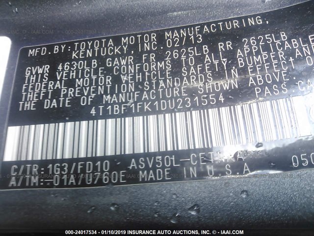 4T1BF1FK1DU231554 - 2013 TOYOTA CAMRY L/SE/LE/XLE GRAY photo 9