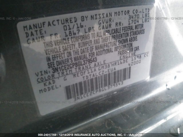 3N1CE2CP8GL379543 - 2016 NISSAN VERSA NOTE S/S PLUS/SV/SL/SR GRAY photo 9