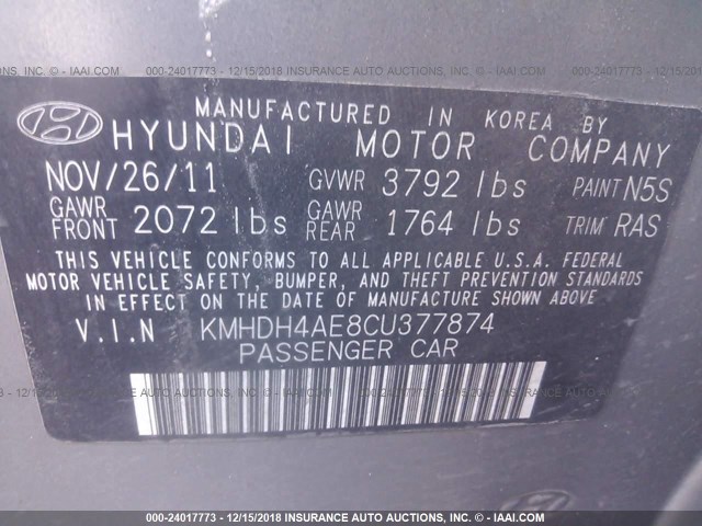 KMHDH4AE8CU377874 - 2012 HYUNDAI ELANTRA GLS/LIMITED SILVER photo 9